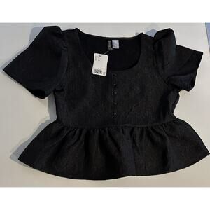 Divided By H&M Brocade Peplum Top Black Sz Small Button Front Short Puff Sleeve